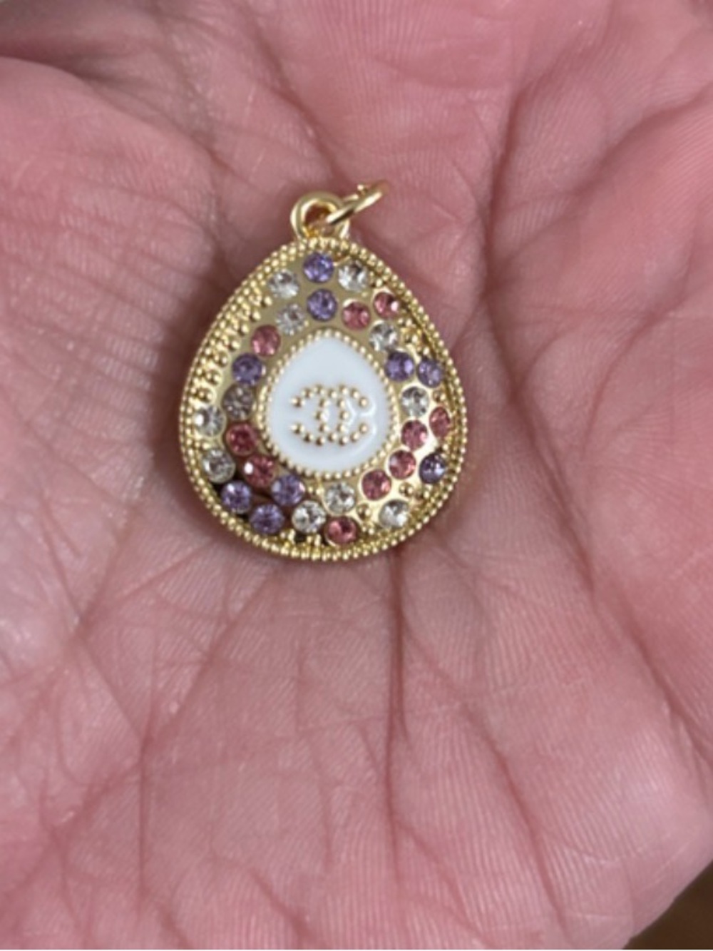 Chanel Logo Gold Teardrop Zipper Pull Charm with Purple Pink and Clear Stones - Picture 3 of 3